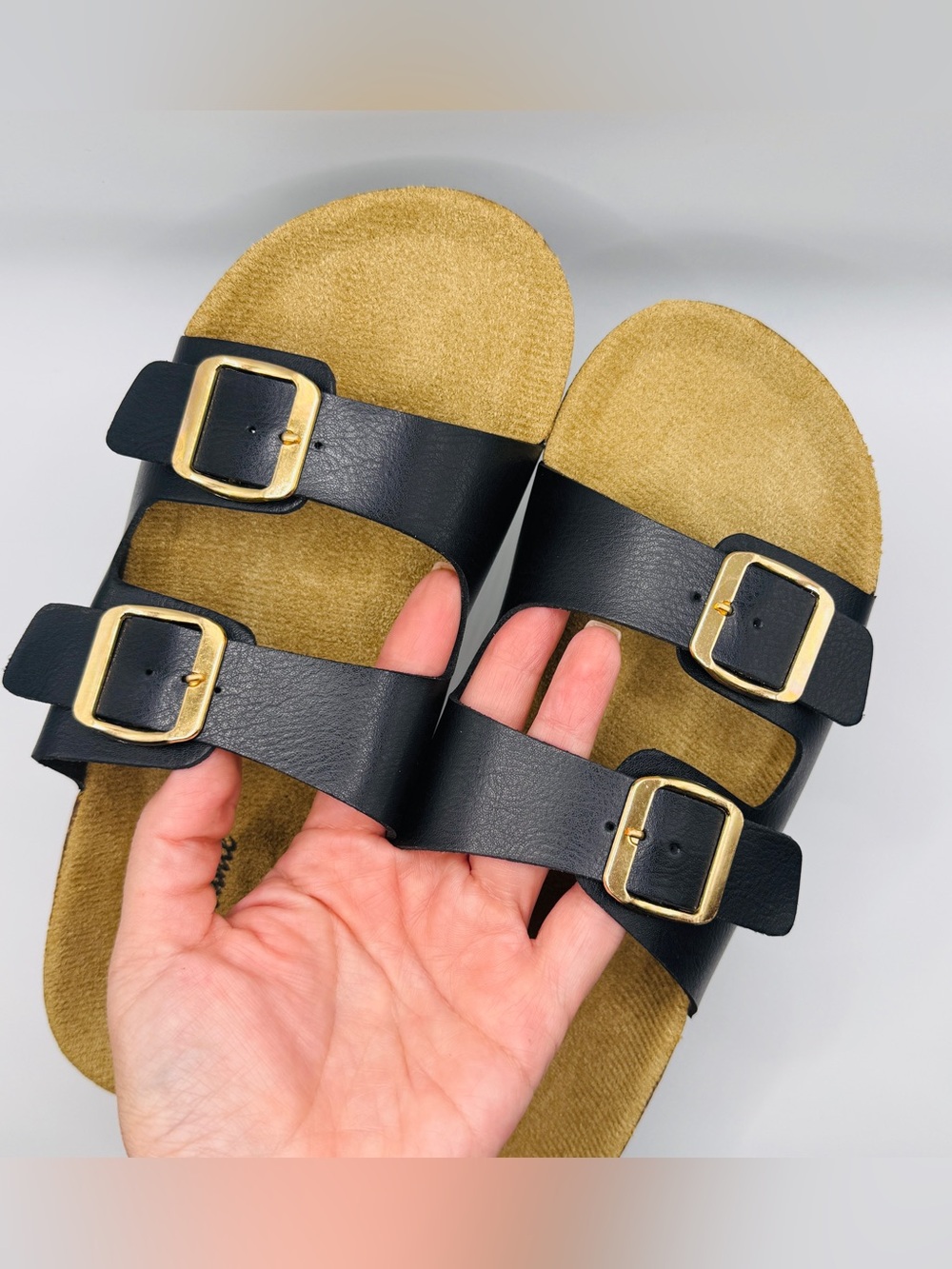 NWT Classic Double Buckle Black Cork Footbed Sandals - Size 8